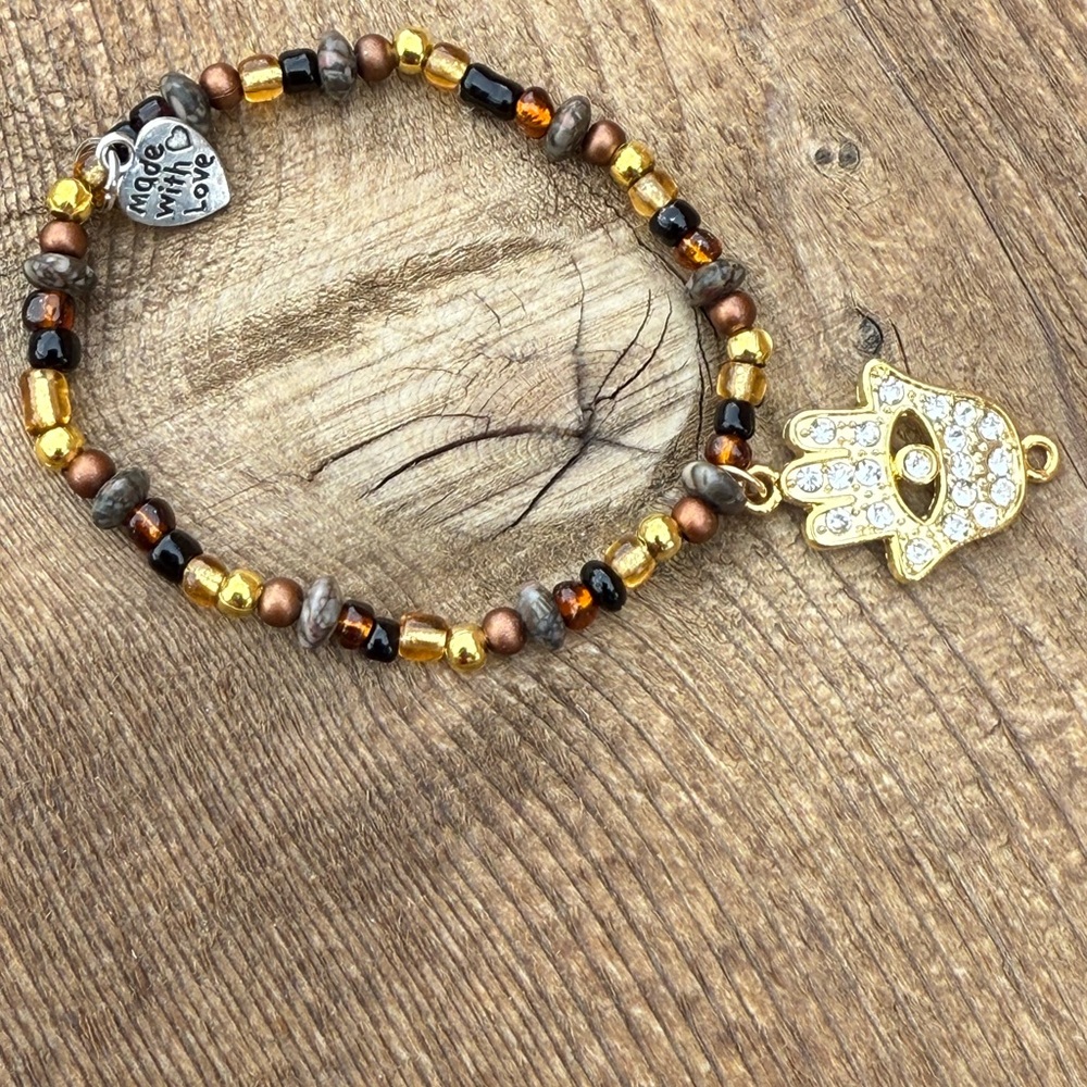 Chic Gold and Brown Beaded Bracelet with Hamsa Charm